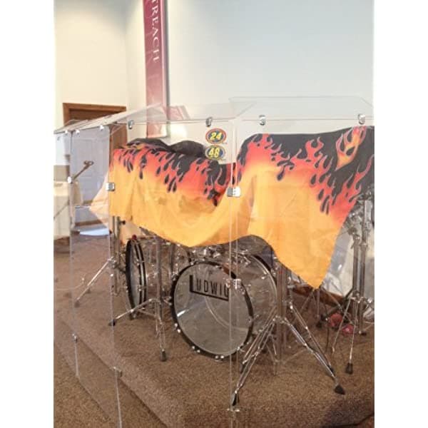 Pennzoni Display Co. DS2D Drum Shield 4 paneles con 6 bisagras cromadas brillantes, escudo de tambor acrílico 4 deflectores con 8 bisagras cromadas flexibles, paneles de pared insonorizados (4 paneles de 5 pies con deflector)