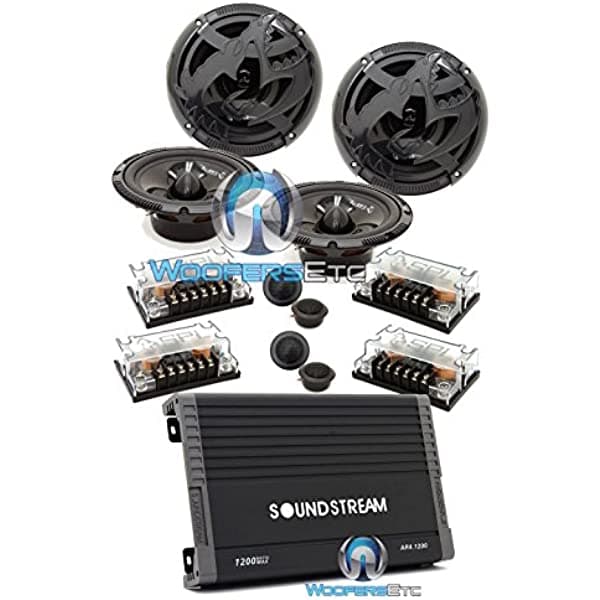 pkg Soundstream AR4.1200D 4 canales 1200W clase D amplificador + 2 juegos SPL AS-60C 6.5" 200W RMS Gorilla Series Component Altavoces Sistema