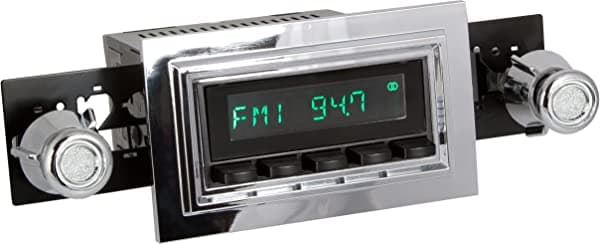 Retro Manufacturing HB-121-05-75 Hermosa Radio de ajuste directo para vehículo clásico (cara negra y botones y bisel cromado)