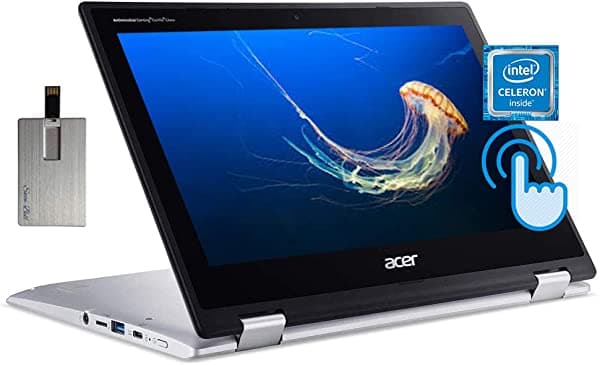 Acer Chromebook Spin 311 2 en 1 - Computadora portátil con pantalla táctil HD de 11.6 pulgadas, Intel Celeron N4000, 4 GB de RAM, 64 GB eMMC, Intel UHD Graphics 600, Wi-Fi, Bluetooth, USB-C, Chrome OS, plata, tarjeta USB de 128 GB Acer Spin 311