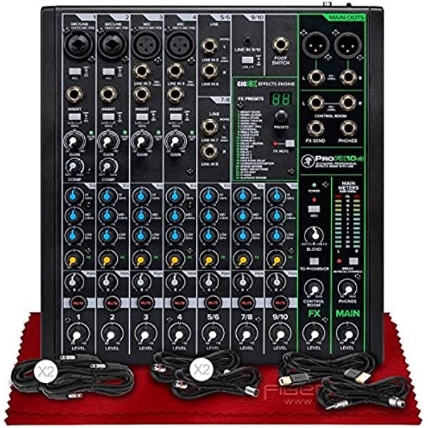 Mackie ProFX10v3 Mezclador de refuerzo de sonido profesional de 10 canales con FX integrado + paquetes de cables básicos y paño de limpieza de microfibra de fibra