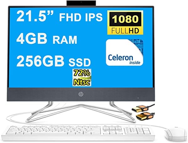 HP Pavilion 22 - Escritorio todo en uno de 21.5 pulgadas, pantalla diagonal FHD IPS antirreflejo (72% NTSC) procesador Intel Celeron G5900T 4GB RAM 256GB SSD Intel UHD Graphics 610 Win10 + cable HDMI