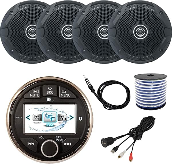JBL PRV Marine - Receptor multimedia digital con Bluetooth integrado, 4 x 6.5 150 vatios de doble cono para barcos, negro, interfaz USB/AUX, antena Enrock oculta, cable de parlante Enrock PRV-175-MS6510-USBAUX2RC-EKMR1-EM16G50FT