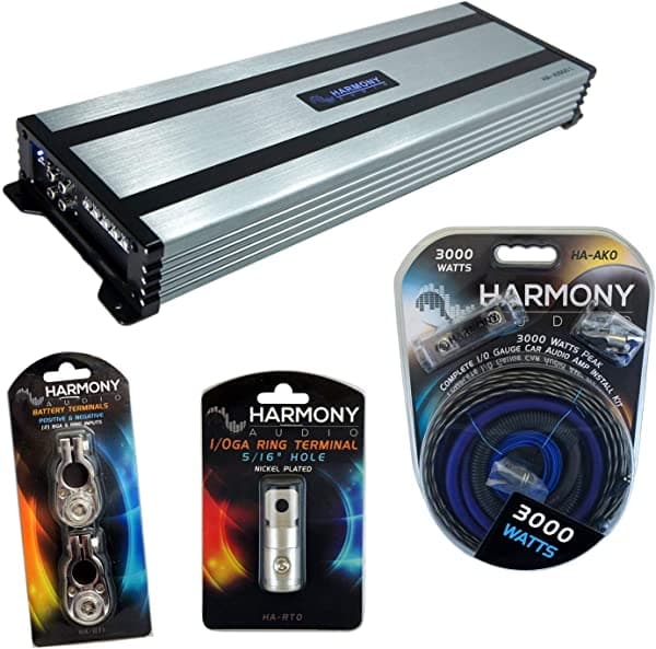 Harmony Audio Bundle compatible con vehículo universal HA-A1500.1 3000 W Sub Amp con HA-AK0 3000W Amp Kit de instalación y HA-BT1 par de terminales de batería (2) 8GA y terminal de anillo nuevo HA-A1500.1-PACK