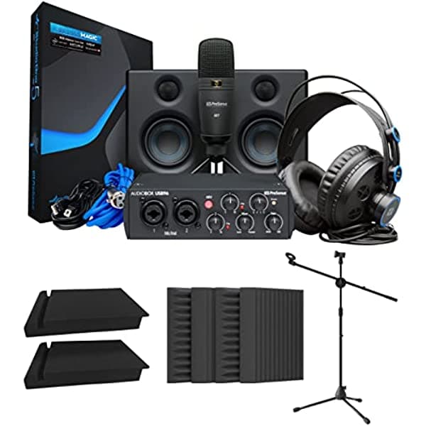 PreSonus AudioBox Studio Ultimate Bundle Edición 25 aniversario con monitores de estudio y artista Studio One, Blucoil 2 almohadillas de aislamiento, soporte ajustable para trípode de micrófono y 4 cuñas acústicas de 12 pulgadas