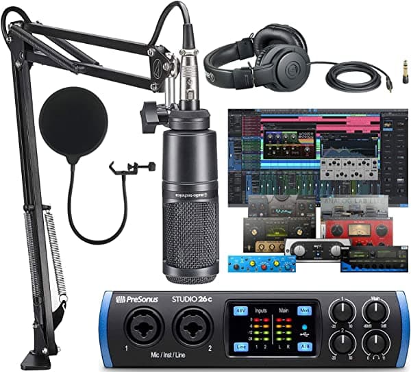 PreSonus Studio 26c 2x4 USB tipo C Audio/MIDI interfaz con Studio One 5 Artist DAW software con Audio-Technica AT2020 micrófono vocal kit para grabación de estudio, transmisión, podcasting