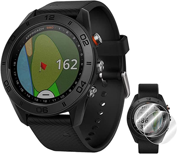 Garmin Approach S60 Reloj De Golf Negro Con Correa Negra (010-01702-00) + Deco Essentials Garmin Approach S60 Protector De Pantalla Paquete De 2 E7GRAPPROACHS60K