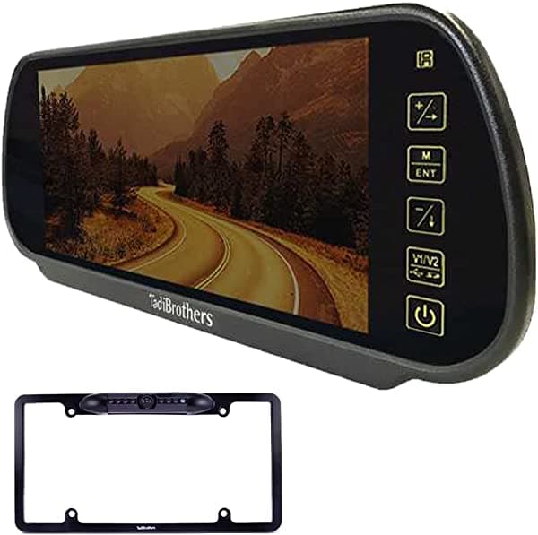 TadiBrothers Kit de cámara de retroceso inalámbrica con cámara de matrícula | Espejo retrovisor de 7 pulgadas | Ángulo de visión amplio de 120°, rango de 70 pies, resistente al agua | Sistema de observación para RV, quinta rueda y caravana