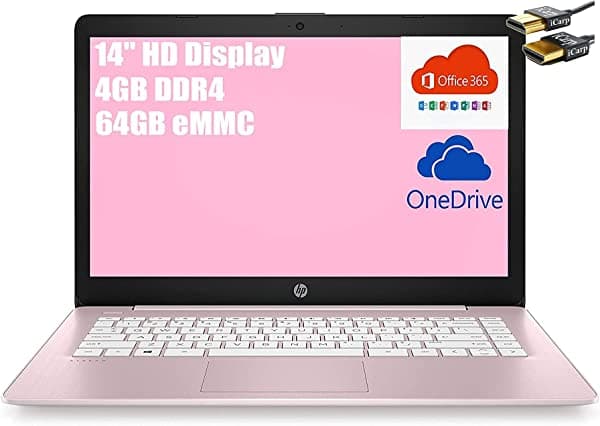 HP Stream 14 - Computadora portátil HD de 14 pulgadas, pantalla microborde Intel Celeron N4000 4 GB RAM 64 GB eMMC Intel UHD Graphics 600 HDMI USB-C Office 365 Win 10 (rosa) + cable HDMI hp laptop