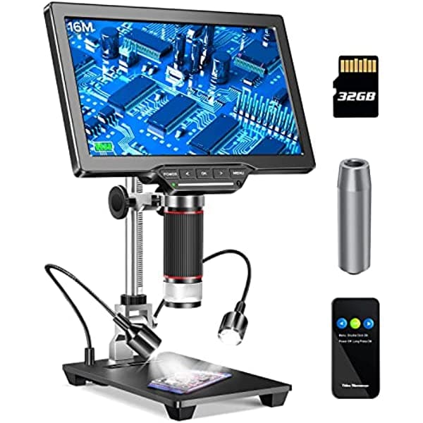 Dcorn Microscopio digital HDMI LCD de 10 pulgadas 1500X, microscopio de moneda para adultos con sensor de cámara de 16 MP, microscopio de soldadura con luces LED control táctil, compatible con Windows/Mac OS/TV, tarjeta TF de 32 GB incluida sdhfgjh