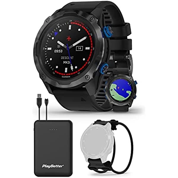 Garmin Descent G1 Solar (negro) Reloj para computadora de buceo | Paquete con soporte elástico QuickFit de 0.866 in y cargador portátil PlayBetter | Reloj de buceo GPS 2022 con brújula y sensor de profundidad | Superficie y salida 010-02403-03