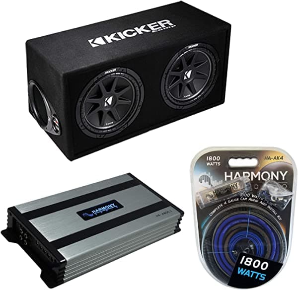 Kicker DC122 Dual 12 cargado y ventilado Comp 600W - Caja para subwoofer 43DC122 - Paquete con amplificador Harmony HA-A800.1 y kit de amplificador HA-SUBPACK74