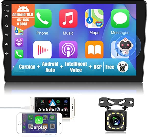 LORPHEIR Android 10 doble DIN estéreo para auto con Carplay inalámbrico Android Auto, pantalla táctil IPS de 10.1 pulgadas, Bluetooth 5.0, Radio compatible con DSP, EQ de 36 bandas, navegación GPS, WiFi, 4G, voz AI + cámara de retroceso 4+64G