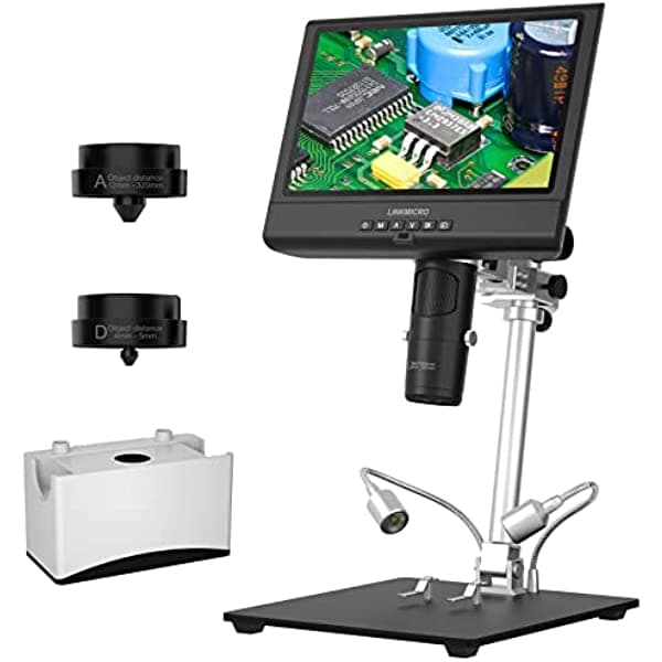 Microscopio digital multilente de 10 pulgadas para soldadura con soporte de metal de 13 pulgadas LINKMICRO LM249M 500X Cámara de microscopio para monedas de error, kit de microscopio biológico con tarjeta SD de 32G, diapositivas preparadas