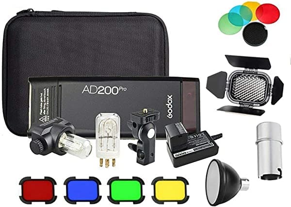 Godox AD200 Pro Kit AD200Pro 200Ws 2.4G Flash Strobe, 1/8000 HSS, 500 Full Power Flashes, 0.01-2.1s Reciclado, 2900mAh batería, Bare Bulb/Speedlite Fresnel Flash Head GD1018
