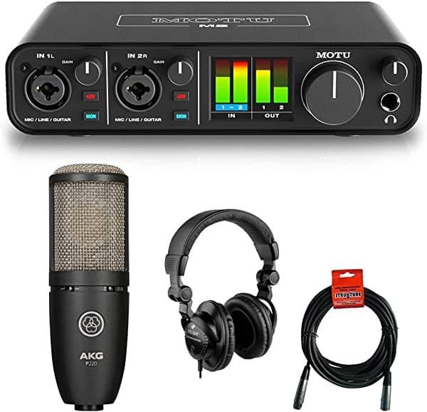 Motu M2 2x2 - Interfaz de audio USB con micrófono condensador AKG Project Studio P220, auriculares HPC-A30 y cable XLR
