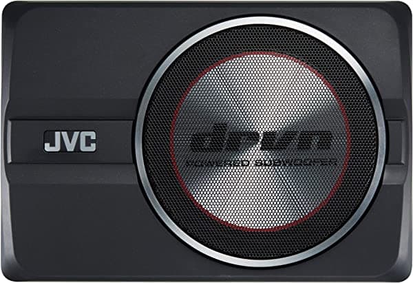 JVC CW-DRA8 Amplificador compacto de 250 vatios clase D, perfil poco profundo, 8 pulgadas sub, carcasa de aluminio para graves profundos, control remoto con cable, diseño compacto, fácil instalación