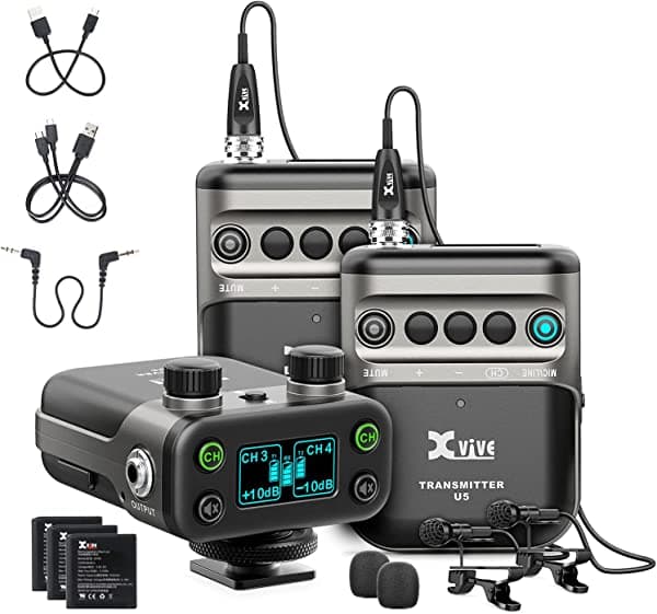 Xvive U5T2 Micrófono inalámbrico de doble canal para cámaras, sistema de micrófono inalámbrico Lavalier de 2.4 GHz, 1 receptor, 2 transmisores + 2 micrófonos Lavalier para cámaras DSLR/video, grabadora, YouTube TikTok