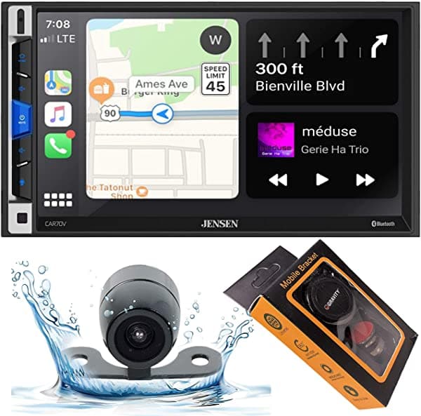 Jensen CAR70V 7" receptor multimedia con Apple CarPlay y Android Auto, con cámara de retroceso HD e imán de gravedad CAR70V+BK+M