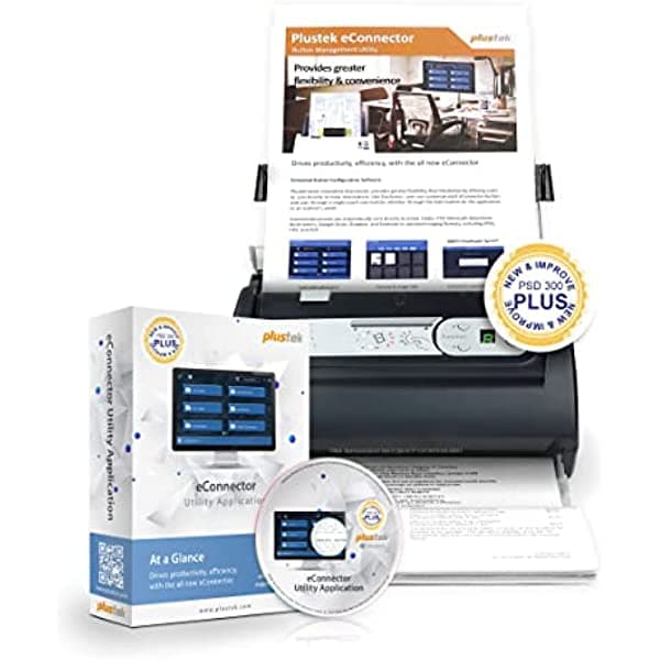 Plustek PSD300 Plus - Escáner de documentos con ADF, escaneo directo a la nube, SharePoint, Office 365 y función de reconocimiento de código de barras integrada