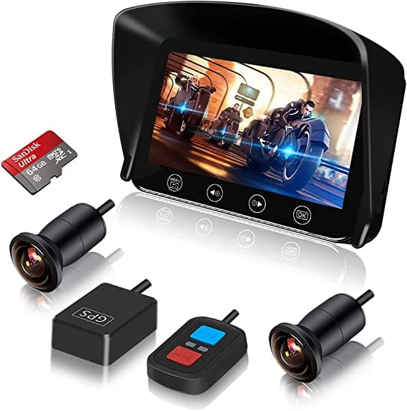 VSYSTO F4.5X - Grabadora de cámara para salpicadero de motocicleta de 4.5 pulgadas, LCD, impermeable, con visión frontal y trasera, doble lente de ángulo de 170°, compatible con TPMS Smart Gauge Voltímetro WiFi GPS (tarjeta de 64 GB incluida)
