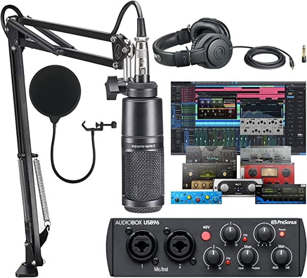 Presonus AudioBox 96 Audio USB 2.0 Interfaz de grabación con software Studio One Artist DAW con Audio-Technica AT2020 Kit de brazo de micrófono vocal para grabación de estudio, transmisión/podcasting