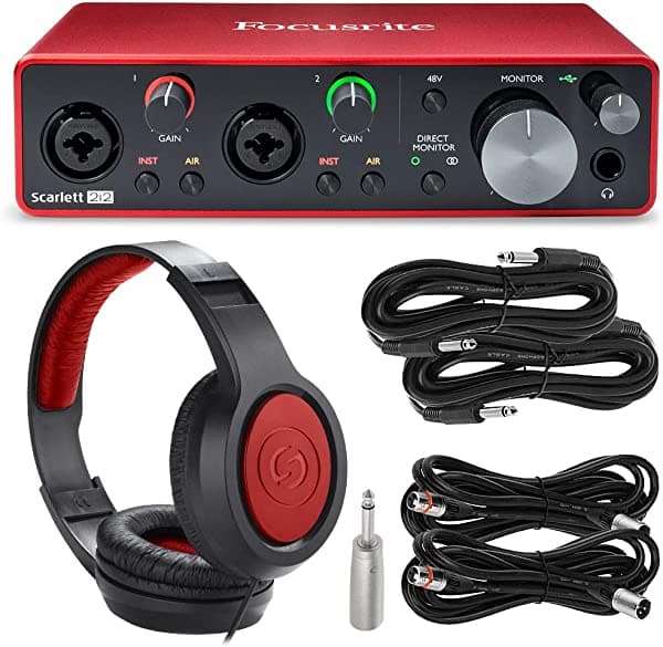 Focusrite Scarlett 2i2 2 - Interfaz de audio de grabación USB (3ª generación) + auriculares de monitoreo profesional de graves extra, cables y accesorios de lujo
