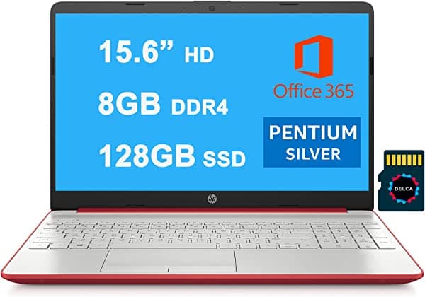 HP Notebook 15 Premium Business Laptop I 15.6" HD SVA Display I Intel Quad-Core Pentium Silver N5000 Processor I 8GB DDR4 128GB SSD I USB-C HDMI Bluetooth Cámara web, Win10 Rojo + 32GB Tarjeta MicroSD HP Notebook 15 Laptop