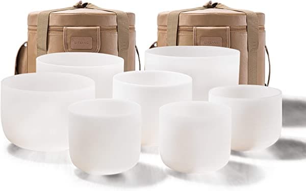 SITSANG Chakra - Juego de 7 cuencos de cristal para cantar de 6 a 12 pulgadas con funda de transporte de cuero artificial resistente y cuenco de canto, mazo de gamuza Set of 7 Crystal Singing Bowls 6-12 inch
