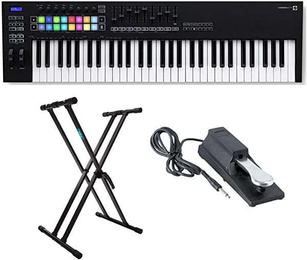 Novation Launchkey MK3 - Teclado controlador USB MIDI de 61 teclas con soporte de teclado ajustable doble X y pedal de sustain (3 artículos)