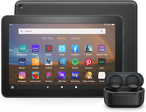 Amazon Fire HD 8 Plus tablet Echo Buds bundle including Fire HD 8 tablet (Black, 64 GB), Lockscreen Ad-Supported, 8" HD display, and All-new Echo Buds
