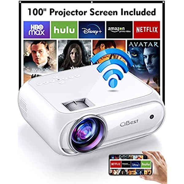 Cibest Proyector WiFi nativo 1080p, 8000L, proyector de películas con alto contraste de 9000:1, proyector de hogar, proyector de teléfono, compatible con iPhone, Android, TV Stick, etc. Pantalla de proyector incluida BL108