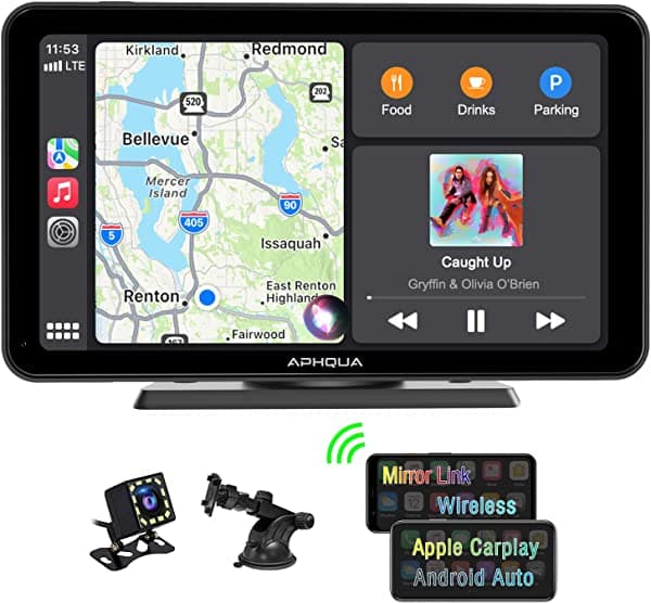 APHQUA A3 - Radio estéreo portátil inalámbrica para Apple CarPlay y Android Auto con parasol desmontable, pantalla táctil IPS de 7 pulgadas, llamada manos libres, Mirror Link, GPS/Siri para todos los vehículos y camiones