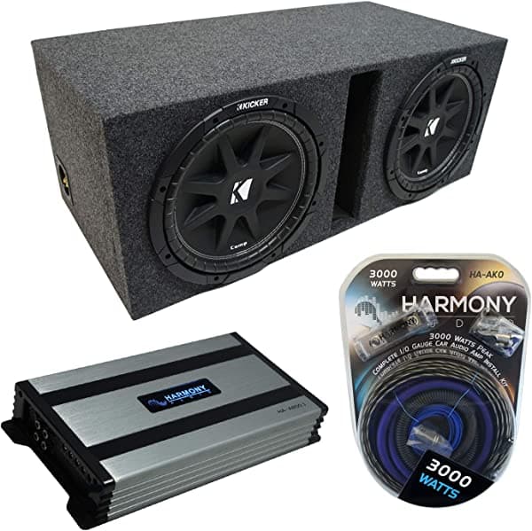 Paquete Kicker compatible con universal Car C12 Comp Dual de 12 pulgadas con puerto ventilado cargado con amplificador Harmony HA-A800.1 KICKER16-PACK1821-H
