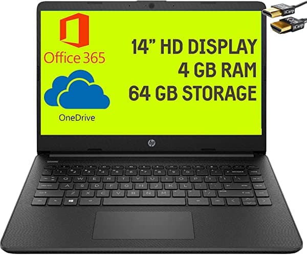 HP Stream 14 Laptop Computer 14" HD Micro-Edge Display Intel Celeron N4020 4GB RAM 64GB eMMC Intel UHD Graphics 600 HDMI USB-C Webcam Office 365 Win 10 (negro) + cable HDMI hp laptop