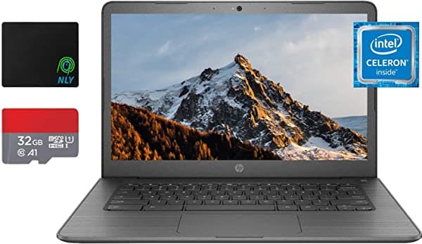 HP Chromebook - Laptop con pantalla táctil HD de 14 pulgadas, Intel Celeron N3350 hasta 2.4 GHz, 4 GB de RAM, 64 GB de espacio (32 GB eMMC+32 GB Micro SD), WiFi, cámara web, Bluetooth, Chrome OS, Nly MP 14 CB-061