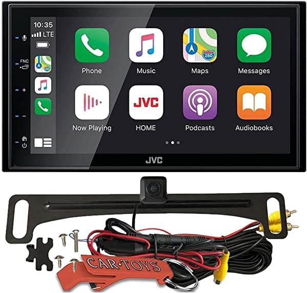 JVC KW-M56BT Receptor multimedia digital con cámara de retroceso HD, kit Safe Driver's Bundle. Estéreo con panel táctil de 6.8 pulgadas compatible con Apple CarPlay y Android Auto + Bluetooth, ecualizador de 13 bandas, chasis poco profundo