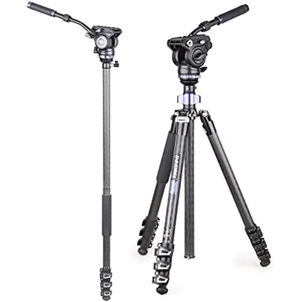 Kit de trípode de fibra de carbono compacto, INNOREL MT70C, trípodes profesionales con cabezal de fluido hidráulico F60 de aluminio CNC convertible a monopié para DSLR, cámara, vídeo, videocámara, altura máxima de 72 pulgadas MT70C+F60