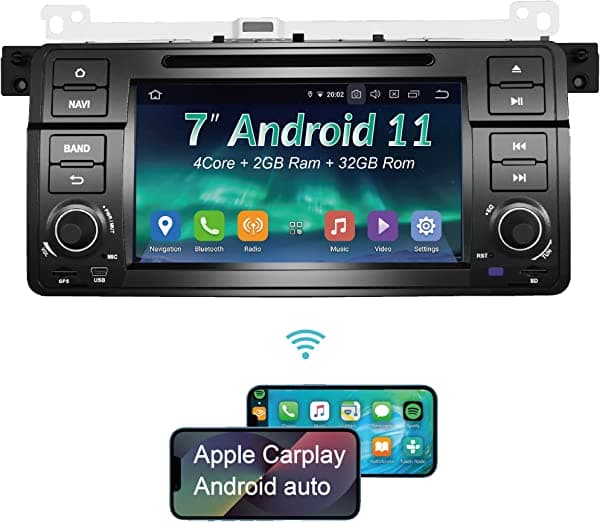 AMASE AUDIO Egosonic - Radio para auto Android 11, 1 DIN para BMW Serie 3 E46, pantalla táctil de 7 pulgadas, DSP+, compatible con Apple CarPlay Android Auto / GPS Navi / HD1080P / cámara de retroceso / OBDII EA-BE46D7A9