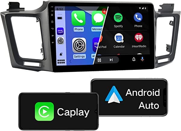 ViaBecs Estéreo para automóvil Android integrado Apple CarPlay y Android Auto, pantalla táctil de radio de coche de 10.2 pulgadas para Toyota RAV4 2013-2018 llamadas manos libres Bluetooth, USB, receptor de audio AM/FM, SWC