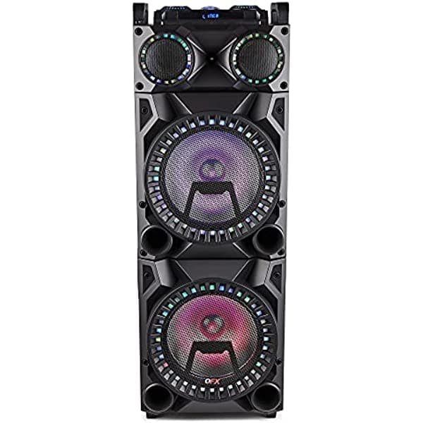 QFX PBX-1212 - Woofer dual recargable Bluetooth de 12 pulgadas con sistema de altavoces tweeter de 1 pulgada con entrada de micrófono, entrada de guitarra, entrada auxiliar, puerto USB, puerto de tarjeta SD, TWS, grabación, radio FM, luces LED de fiesta