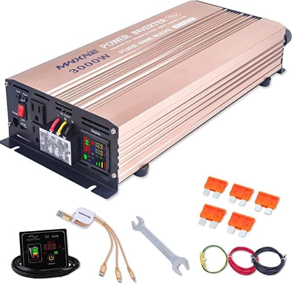 MWXNE Inversores de corriente de 3000 vatios, adaptador de corriente de coche de onda sinusoidal pura de 12 V CC a 110 V CA con pantalla LCD, control remoto, 3 salidas y puertos de carga USB duales de 2.4 A