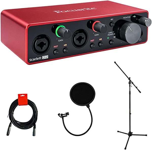 Focusrite Scarlett 2i2 (3ra Gen) Interfaz de Audio USB con Soporte de Micrófono, Filtro Antipop y Cable XLR-XLR SCARLETT-2I2-3G