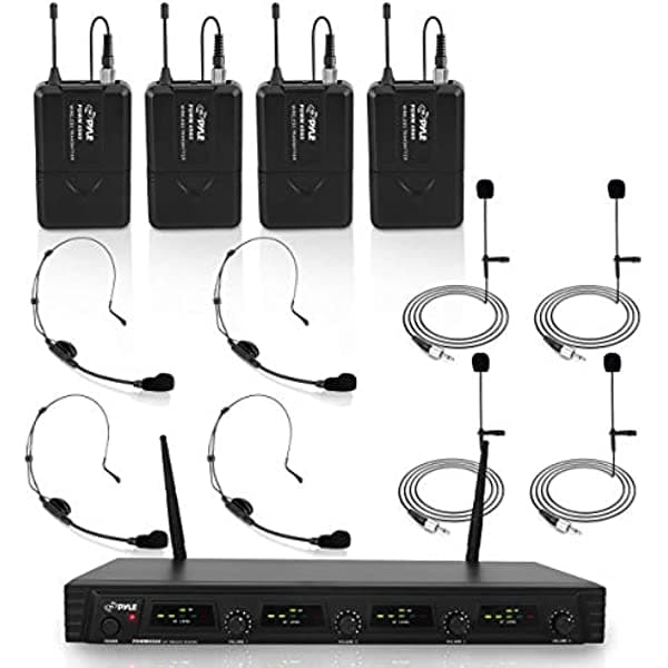 Pyle (Pdwm4560) - Sistema Inalámbrico De 4 Canales Uhf De Micrófono Base Con Estante Montable 4 Audífonos 4 Paquetes De Cinturón 4 Micrófonos Piezoeléctricos/Lapel Con Controles De Volumen Independientes Indicadores De Señal Af Y Rf