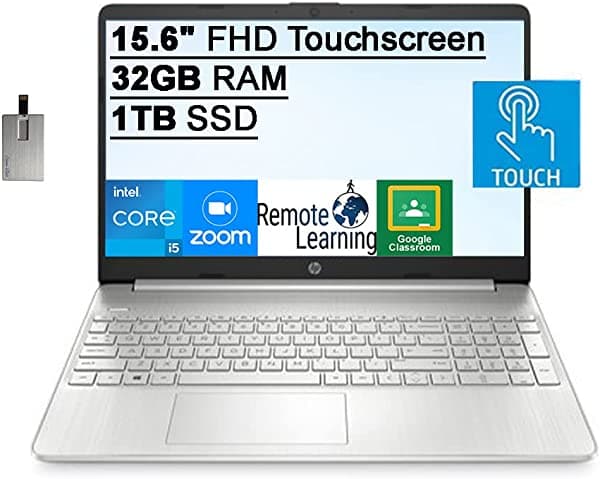 2020 HP Pavilion 15.6" HD Notebook con pantalla táctil, 10ª generación Intel Core i5-1035G1, 32GB RAM, 1TB PCIe SSD, Intel UHD Graphics, HD Audio, HD Webcam, USB-C, Win 10S, Plata, tarjeta USB Snow Bell de 32GB