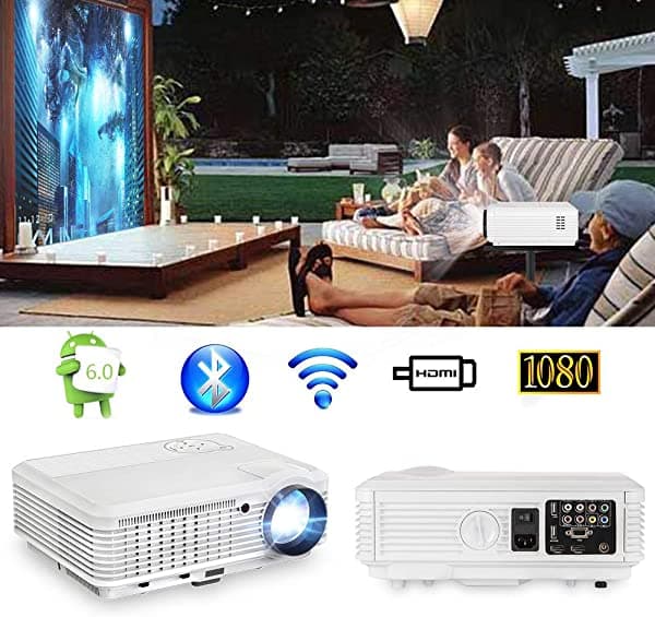 Visita la tienda de CAIWEI Proyector de video de 8000LM Full HD 1080P, proyector inalámbrico WiFi Bluetooth, proyector inteligente Android de película al aire libre de 200 pulgadas, compatible con espejo de teléfono/zoom para cine en casa, TV Stick, laptop, DVD, HDMI, USB
