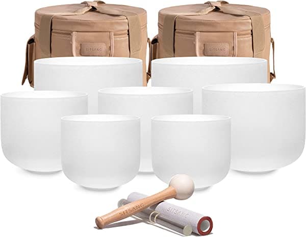 SITSANG Juego de 7 cuencos de cristal para cantar de 7 a 12 pulgadas con funda de transporte de cuero artificial para terapia de curación de sonido, meditación Set of 7 Crystal Singing Bowls 7-12 inch