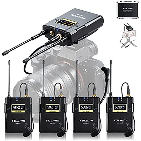 FULAIM Sistema de micrófono Lavalier inalámbrico WM500 UHF, micrófono de solapa Lavalier de 16 canales con transmisor y receptor recargable para grabar YouTube, entrevistas, vlogging, conferencias, 4 transmisores