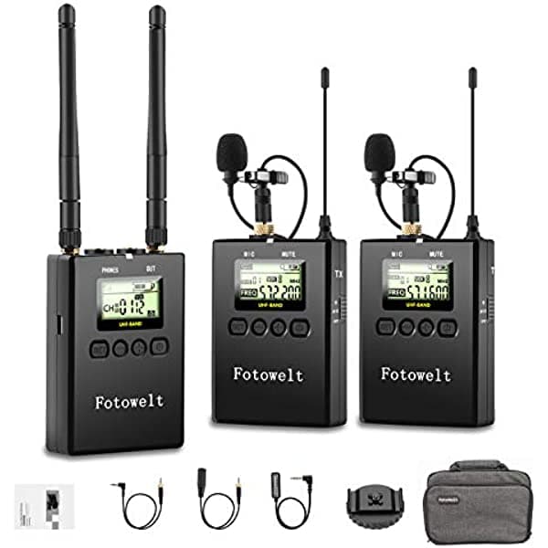 fotowelt Pixel 100 canales UHF Metal profesional inalámbrico Lavalier micrófono receptor de doble canal compatible con cámaras DSLR teléfonos videocámaras utilizadas en grabación de vídeo, programa de alojamiento y entrevista FT-WM10