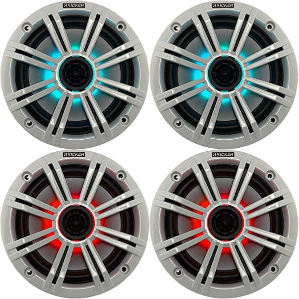 2 pares (4 altavoces) multicolor luces LED Kicker 6.5 "195 W Marine Audio Coaxial estéreo blanco parrillas 4X45BKM614L-WG